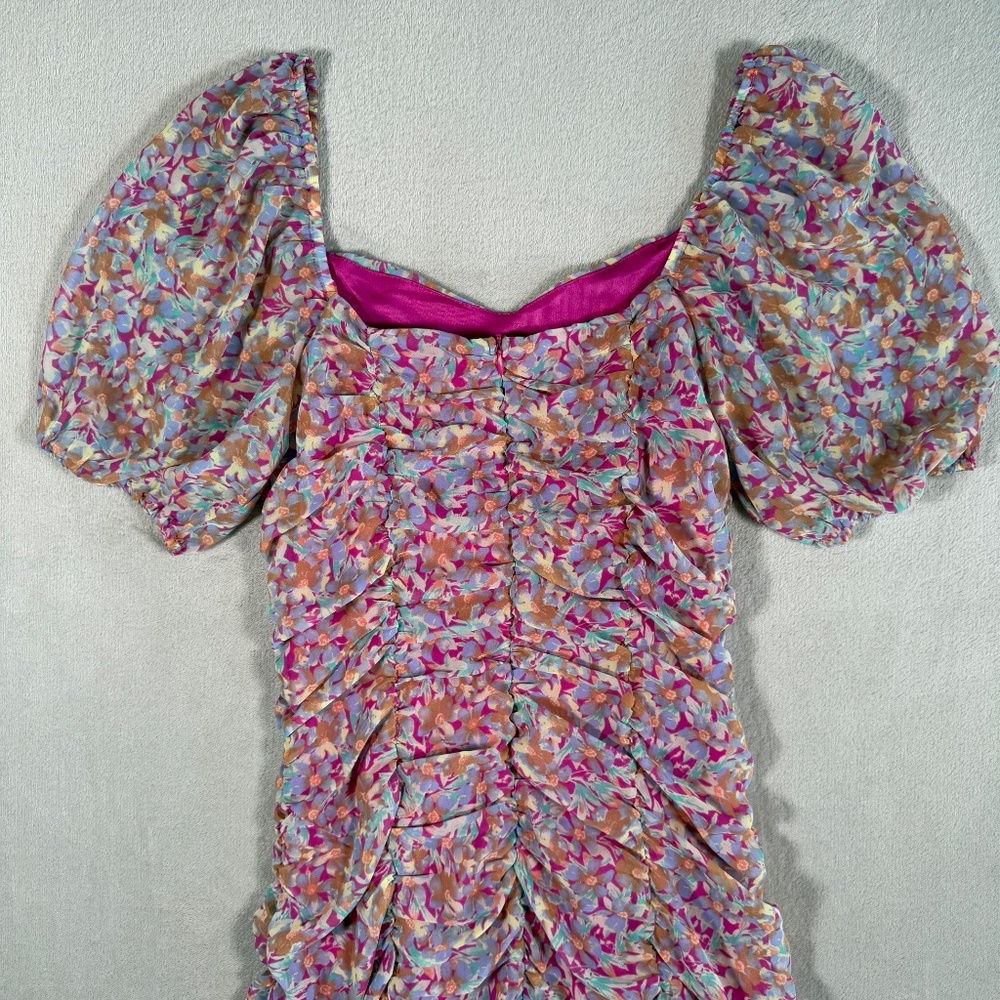 Lush Dress Womens Medium Floral Multicolor Ruched Puff Sleeve Sweetheart Mini - Picture 5 of 12